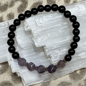 Amethyst & Black Obsidian Crystal Gemstone Stretch Bracelet Natural Healing